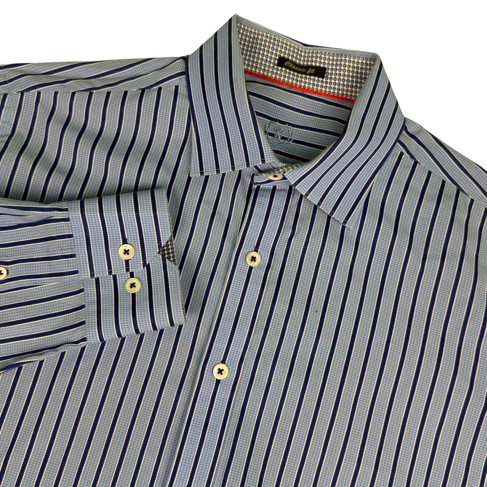 Bugatchi Mens XL Shirt Blue Classic Fit Striped Long Sleeve Button Down Dress